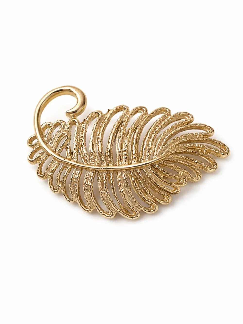 Vintage Gerry's Gold Tone Feather Brooch Rhinestone Textured Leaf Pin Signed